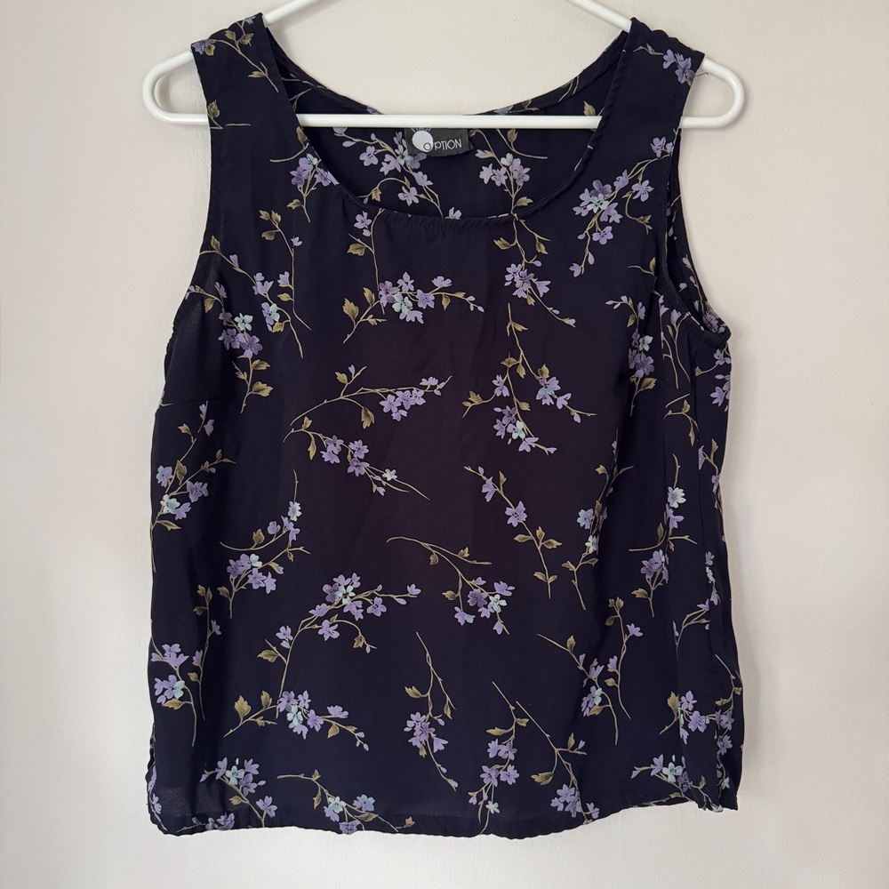 Vintage 90s First Option blue floral sleeveless blouse